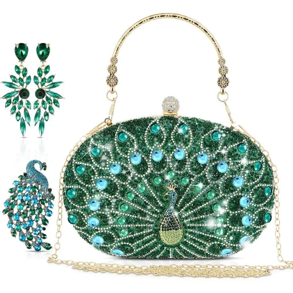 Evening Clutch Purse Set Crystal Peacock Jewelry Gift for Women